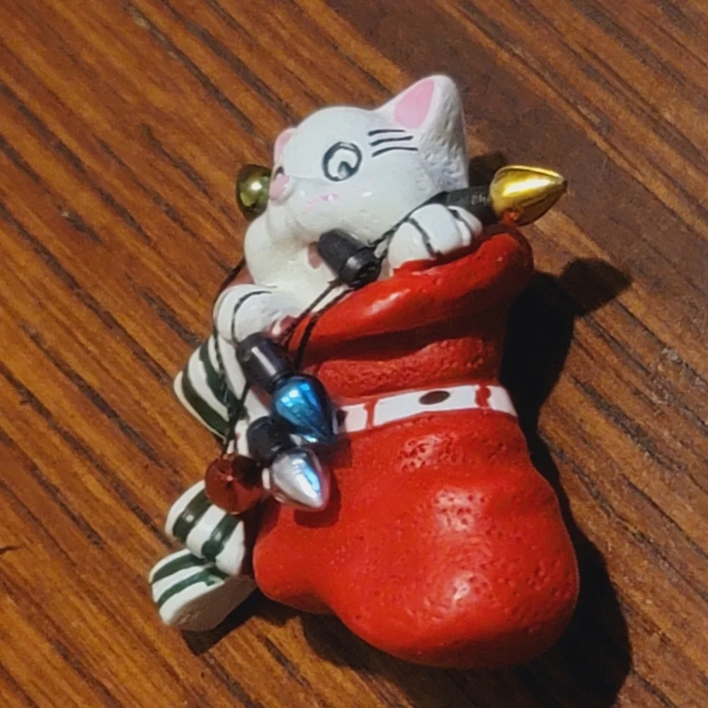 Christmas Kitten Brooch, White Cat in Red Stocking Pin, Cat with Christmas Bulbs